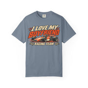 Blue Jean I Love My Boyfriend racing team shirt with vintage motorsport print, Comfort Colors tee