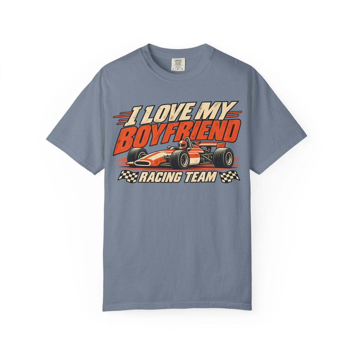 Blue Jean I Love My Boyfriend racing team shirt with vintage motorsport print, Comfort Colors tee