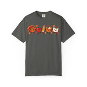 Thanksgiving teacher shirt for women with a turkey, apple, pencil, pie and book design