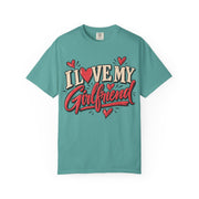 Seafoam I heart my girlfriend shirt, retro script with a heart in place of the O, Comfort Colors tee