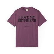Berry I Love My Boyfriend shirt with the deadpan checklist print on garment-dyed Comfort Colors cotton