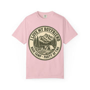 Blossom pink I Love My Boyfriend shirt with vintage camping badge print, Comfort Colors tee