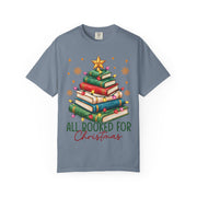 Blue Jean Women's All Booked for Christmas shirt with a Christmas tree made of books, Comfort Colors tee