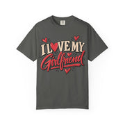 Pepper I heart my girlfriend shirt, retro script with a heart in place of the O, Comfort Colors tee
