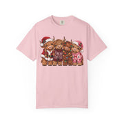 Blossom Women's Highland Cow Christmas shirt with highland cows in Santa hats and holiday sweaters, Comfort Colors tee