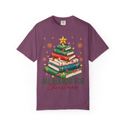 Berry Women's All Booked for Christmas shirt with a Christmas tree made of books, Comfort Colors tee
