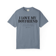 Blue Jean I Love My Boyfriend shirt with the deadpan checklist print on garment-dyed Comfort Colors cotton