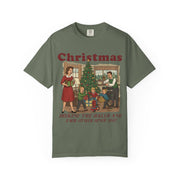 Moss Women's Decking the Halls vintage Christmas shirt with a retro family holiday scene