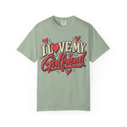 Bay green I heart my girlfriend shirt, retro script with a heart in place of the O, Comfort Colors tee