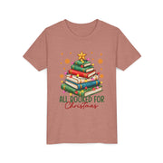 Heather Mauve Kids All Booked for Christmas shirt with a Christmas tree made of books, youth tee