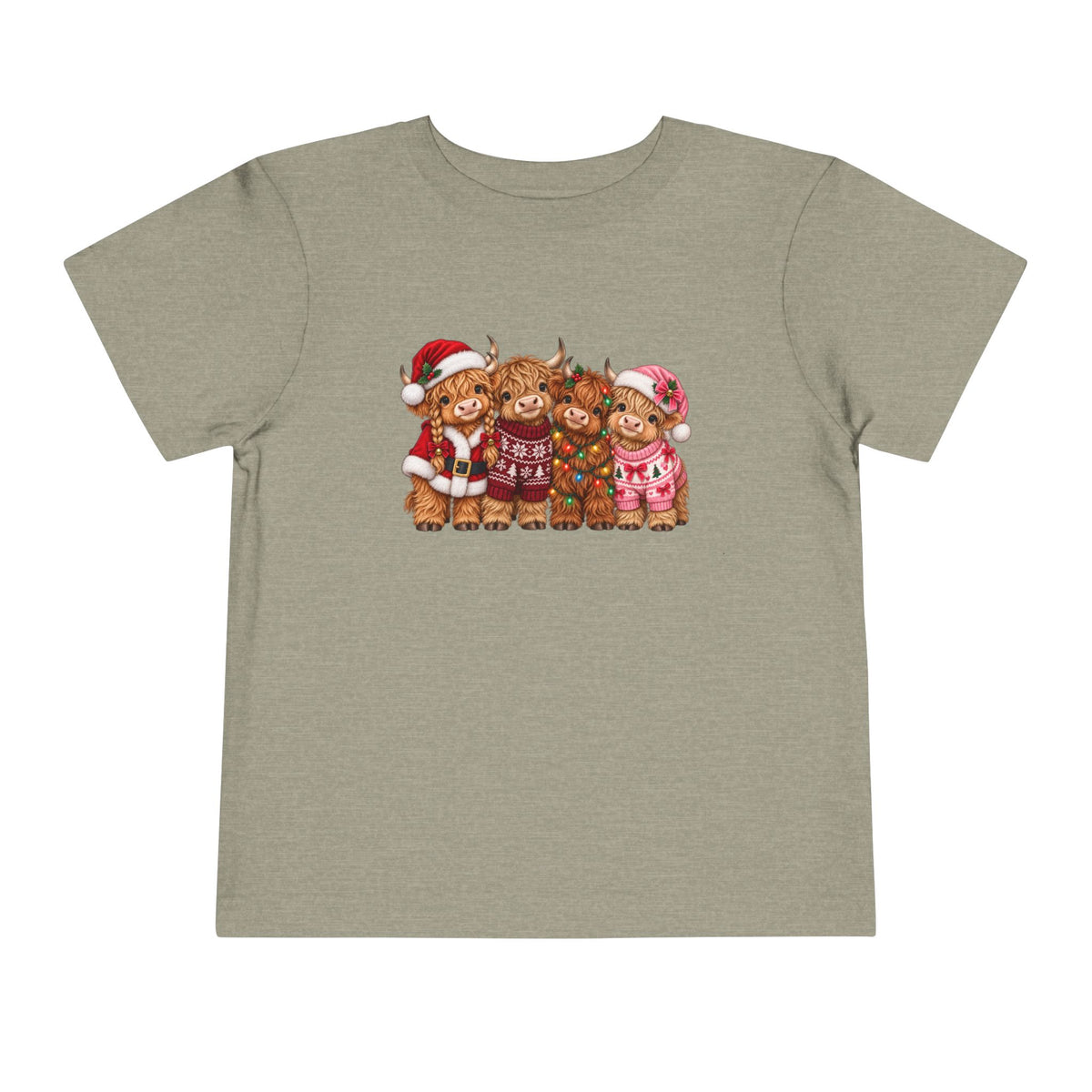 Heather Stone Toddler Highland Cow Christmas shirt with highland cows in Santa hats and holiday sweaters