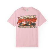 Blossom pink I Love My Boyfriend racing team shirt with vintage motorsport print, Comfort Colors tee