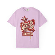 Orchid purple I Love My Boyfriend No Vacancy shirt with a retro motel sign print, Comfort Colors tee