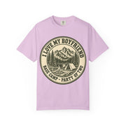 Orchid purple I Love My Boyfriend shirt with vintage camping badge print, Comfort Colors tee