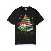 Black Women's All Booked for Christmas shirt with a Christmas tree made of books, Comfort Colors tee