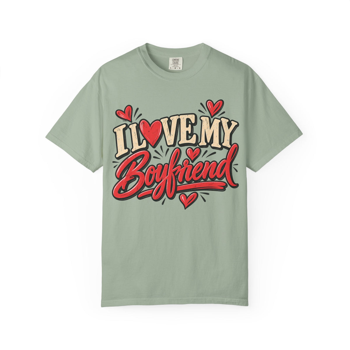 Bay green I heart my boyfriend shirt, retro script with a heart in place of the O, Comfort Colors tee