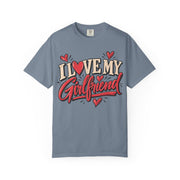 Blue Jean I heart my girlfriend shirt, retro script with a heart in place of the O, Comfort Colors tee