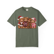 Moss Women's Highland Cow Christmas shirt with highland cows in Santa hats and holiday sweaters, Comfort Colors tee