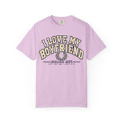 Orchid purple I Love My Boyfriend Est. Since I Met Him shirt in vintage varsity lettering, Comfort Colors tee