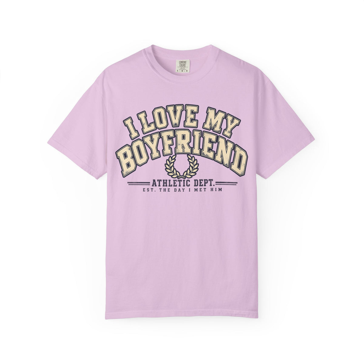 Orchid purple I Love My Boyfriend Est. Since I Met Him shirt in vintage varsity lettering, Comfort Colors tee