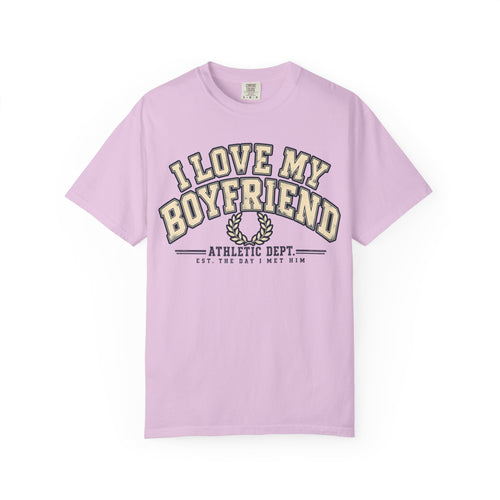 Orchid purple I Love My Boyfriend Est. Since I Met Him shirt in vintage varsity lettering, Comfort Colors tee