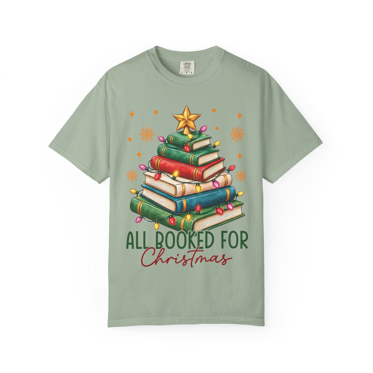 Bay Women's All Booked for Christmas shirt with a Christmas tree made of books, Comfort Colors tee