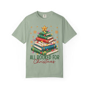 Bay Women's All Booked for Christmas shirt with a Christmas tree made of books, Comfort Colors tee