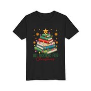 Black Kids All Booked for Christmas shirt with a Christmas tree made of books, youth tee