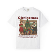 White Women's Decking the Halls vintage Christmas shirt with a retro family holiday scene