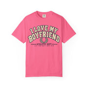 Crunchberry pink I Love My Boyfriend Est. Since I Met Him shirt in vintage varsity lettering, Comfort Colors tee