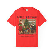 Paprika Men's Decking the Halls Christmas shirt with a vintage family holiday scene