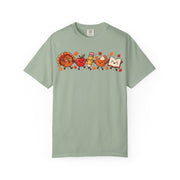 Thanksgiving teacher shirt for men with a turkey, apple, pencil, pie and book design