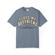 Blue Jean I Love My Boyfriend Est. Since I Met Him shirt in vintage varsity lettering, Comfort Colors tee