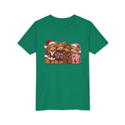 Kelly Kids Highland Cow Christmas shirt with highland cows in Santa hats and holiday sweaters, youth tee