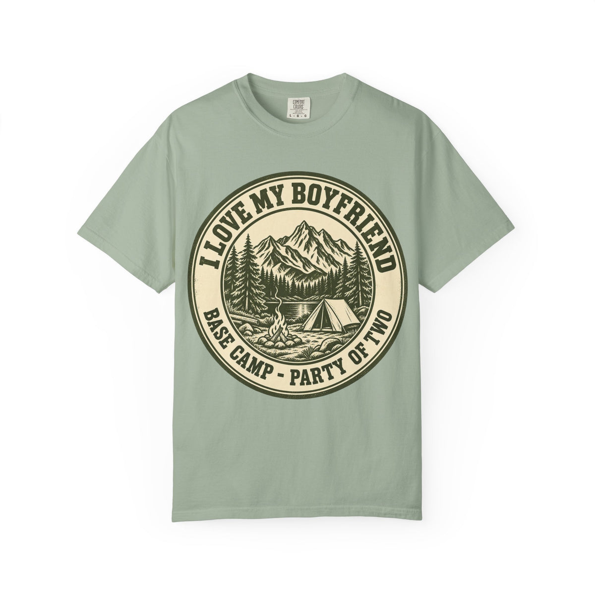Bay green I Love My Boyfriend shirt with vintage camping badge print, Comfort Colors tee
