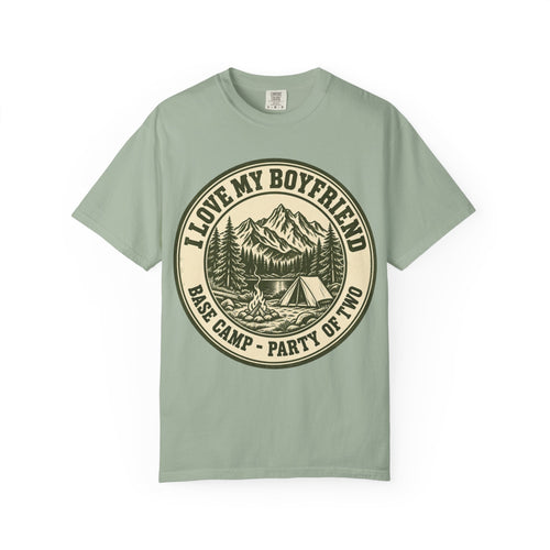 Bay green I Love My Boyfriend shirt with vintage camping badge print, Comfort Colors tee