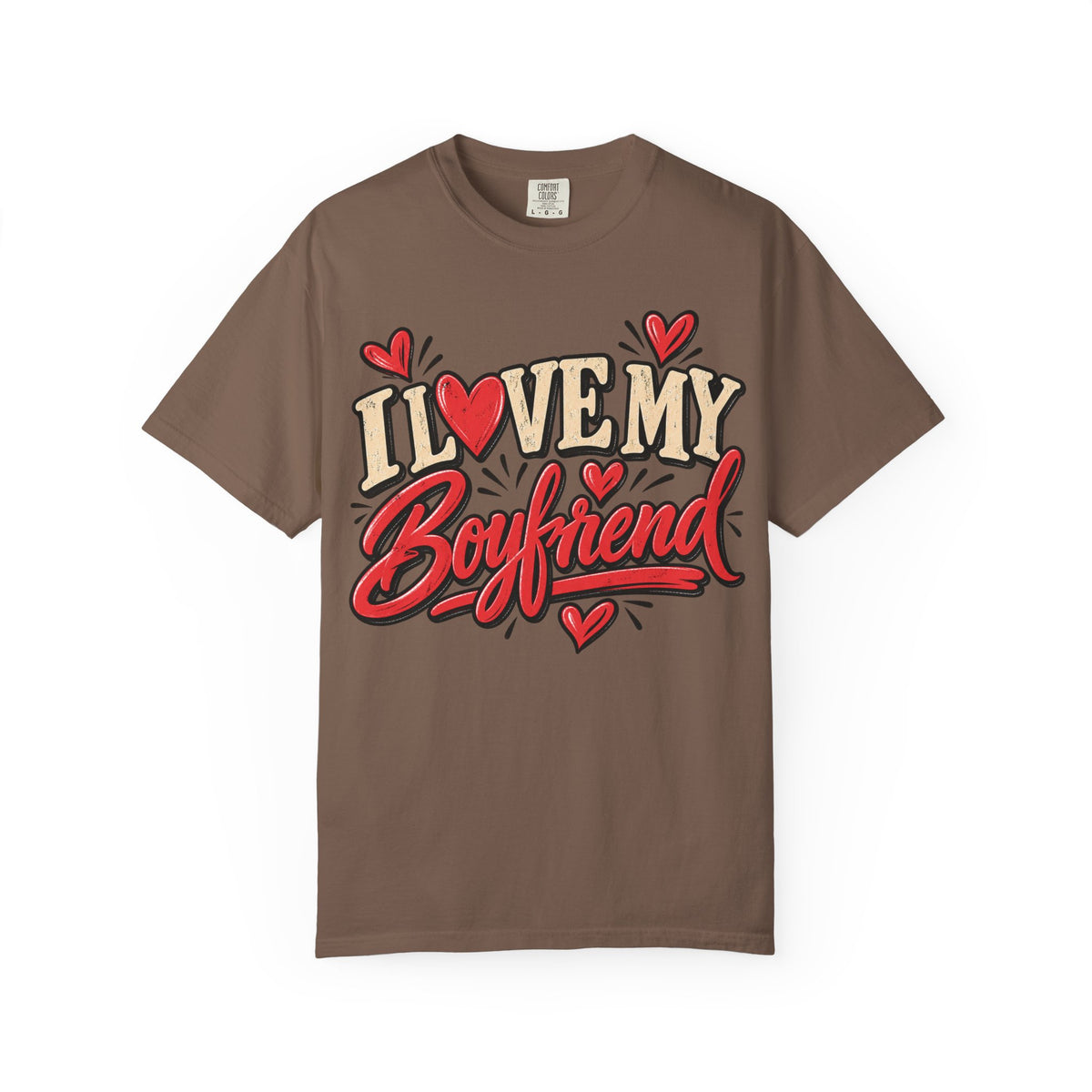 Espresso brown I heart my boyfriend shirt, retro script with a heart in place of the O, Comfort Colors tee