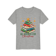 Athletic Heather Kids All Booked for Christmas shirt with a Christmas tree made of books, youth tee