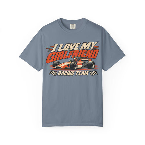 Blue Jean I Love My Girlfriend racing team shirt with vintage motorsport print, Comfort Colors tee