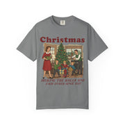 Grey Decking the Halls vintage Christmas shirt with a retro family holiday scene
