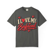 Pepper I heart my boyfriend shirt, retro script with a heart in place of the O, Comfort Colors tee