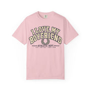 Blossom pink I Love My Boyfriend Est. Since I Met Him shirt in vintage varsity lettering, Comfort Colors tee