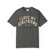Pepper I Love My Girlfriend Est. Since I Met Her shirt in vintage varsity lettering, Comfort Colors tee