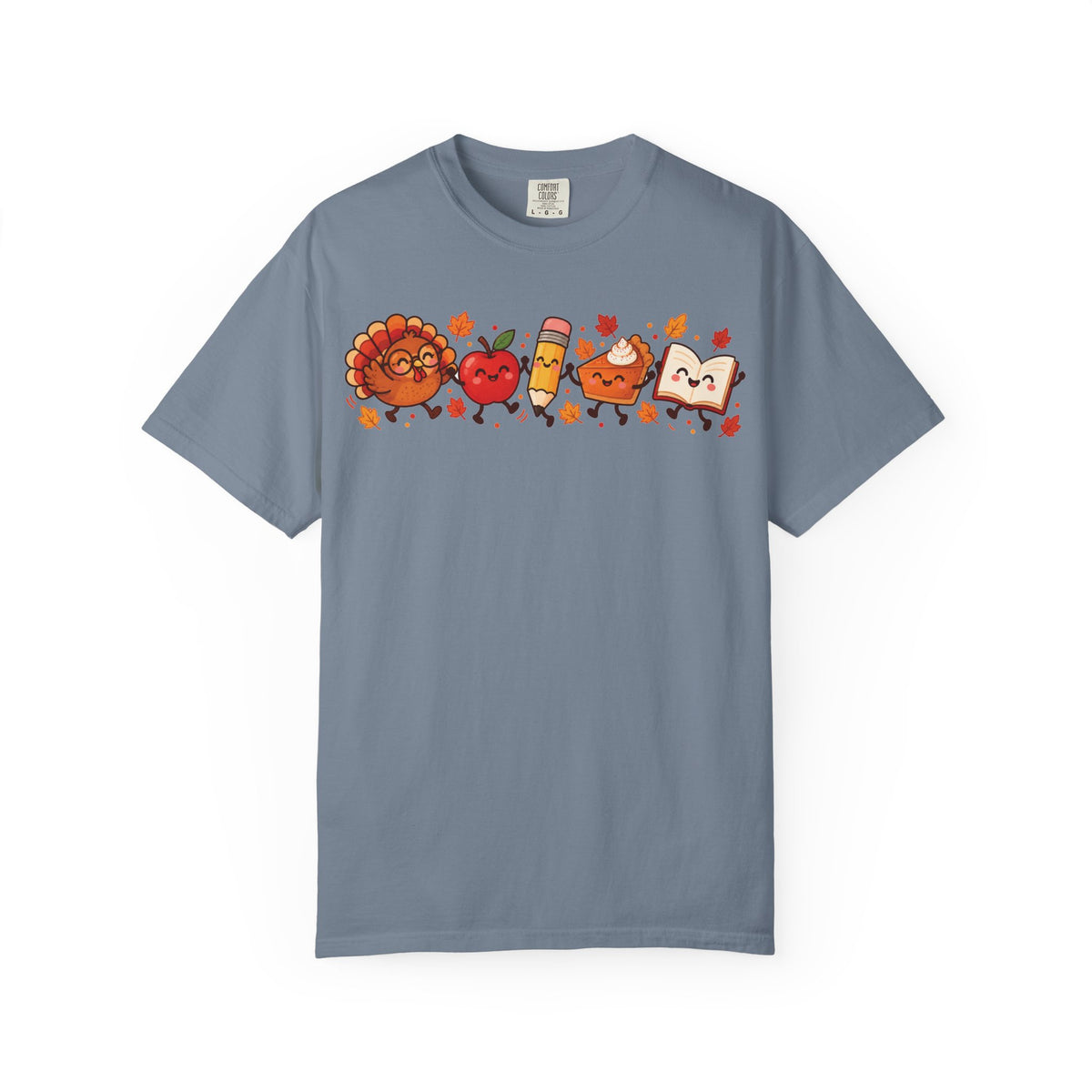 Thanksgiving teacher shirt for men with a turkey, apple, pencil, pie and book design