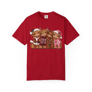 Red Women's Highland Cow Christmas shirt with highland cows in Santa hats and holiday sweaters, Comfort Colors tee