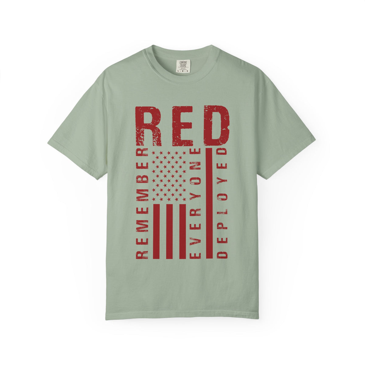 RED Remember Everyone Deployed print on a garment-dyed women's shirt