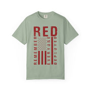 RED Remember Everyone Deployed print on a garment-dyed women's shirt