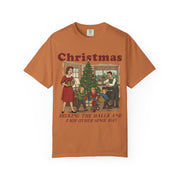 Yam Men's Decking the Halls Christmas shirt with a vintage family holiday scene