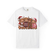 White Women's Highland Cow Christmas shirt with highland cows in Santa hats and holiday sweaters, Comfort Colors tee