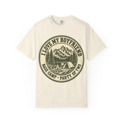 Ivory I Love My Boyfriend shirt with vintage camping badge print, Comfort Colors tee